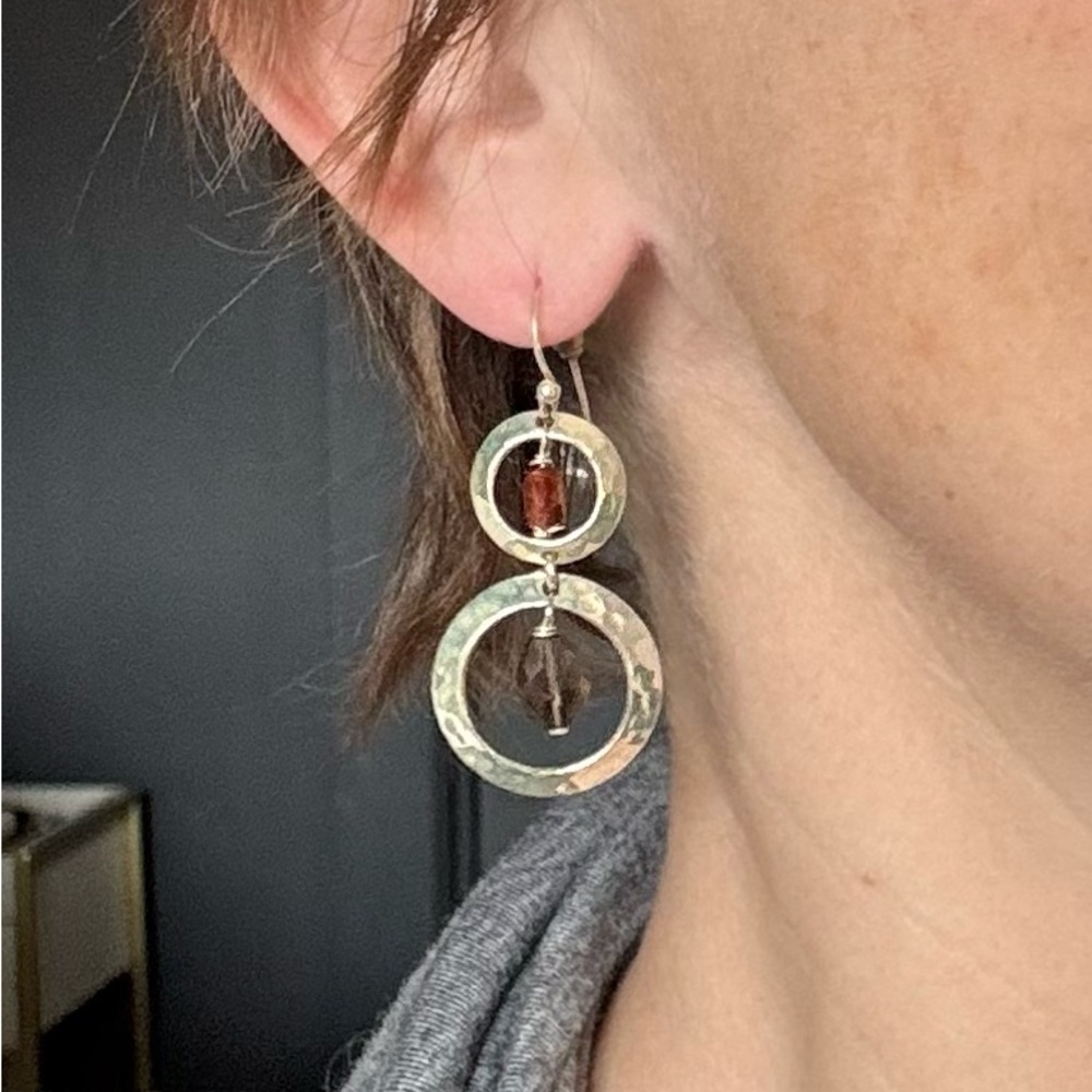 Vintage Sterling Silver Hammered Hoop Earrings with Amber and Smokey Quartz - Picture 3 of 4